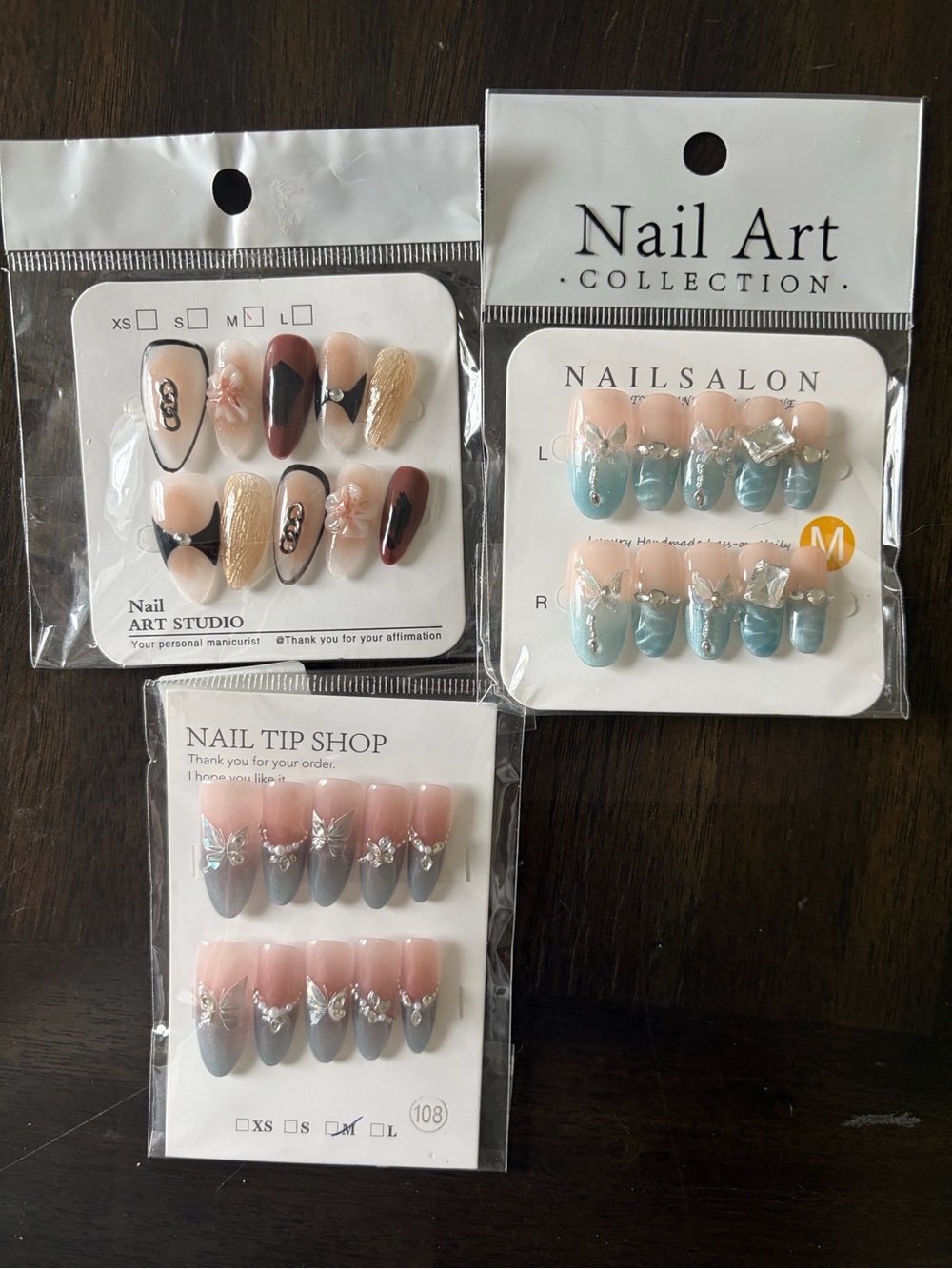Assorted Press-On Nail Sets- Designer—Medium Sized w/nail glue and emory boards